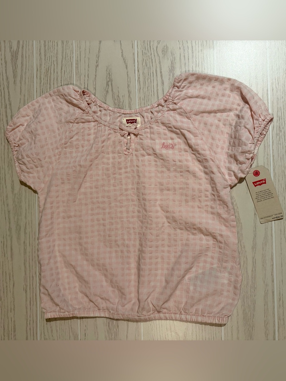 Levi’s Girls Large 12-13 Years Pink Gingham Puff Sleeve Cotton Blouse Preppy NWT